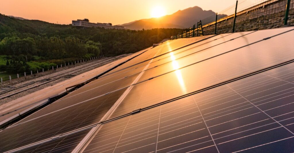 Solar panels at sunset